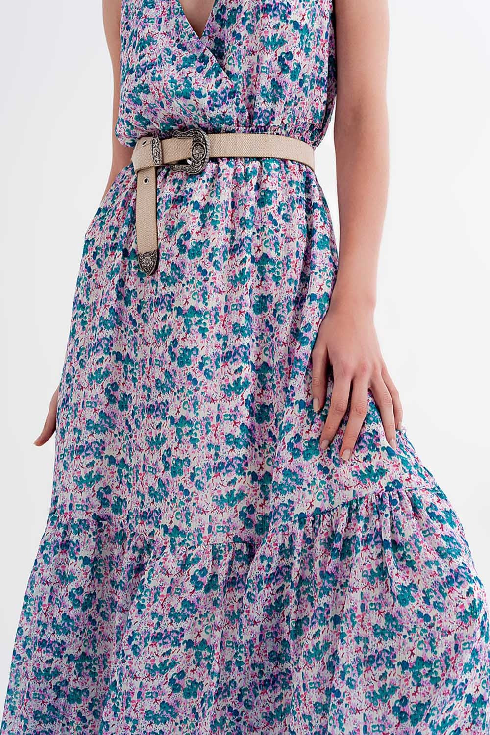 Vestido largo sin mangas con estampado de florecitas en verde Q2