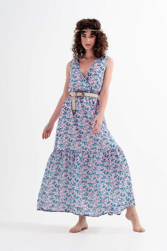 Q2 Vestido largo sin mangas con estampado de florecitas en verde