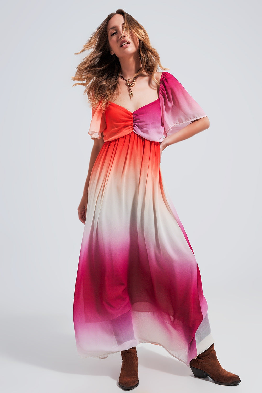 Q2 Vestido maxi con diseño degradado y escote corazón fucsia
