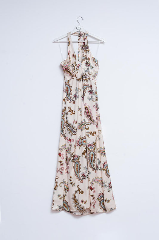 Q2 Vestido maxi con estampado de cachemir y cuello halter