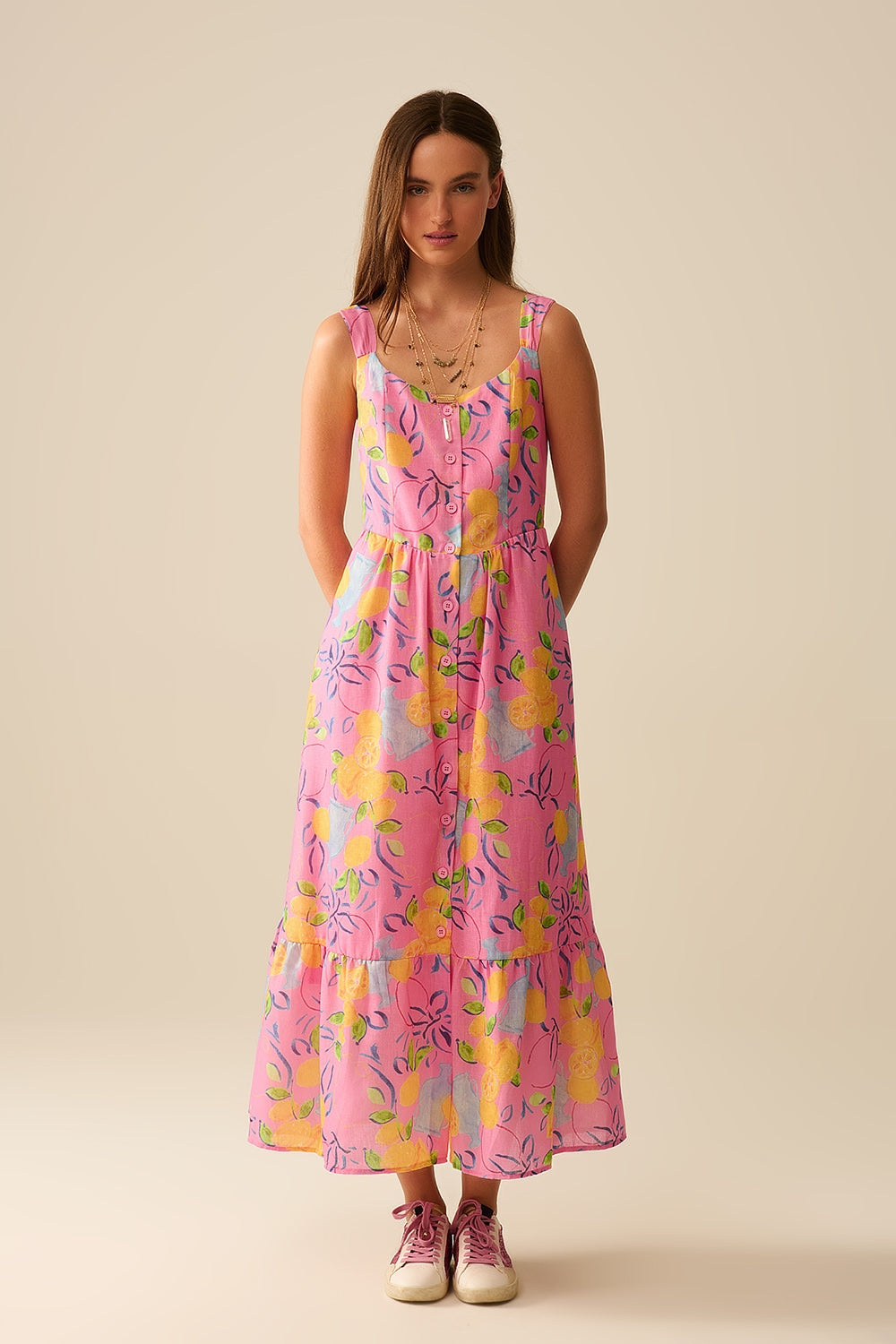Q2 Vestido maxi sin mangas rosa con estampado de limones