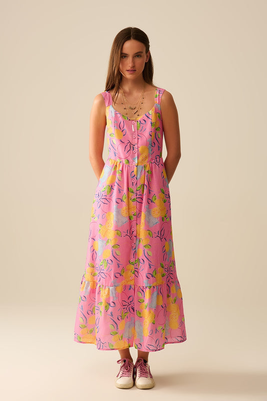Q2 Vestido maxi sin mangas rosa con estampado de limones