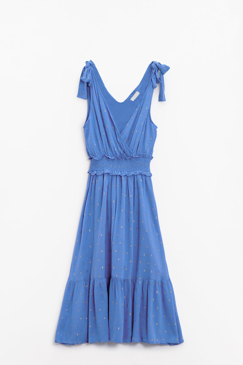 Vestido midi azul con detalle de smock en la cintura y lunares dorados Q2