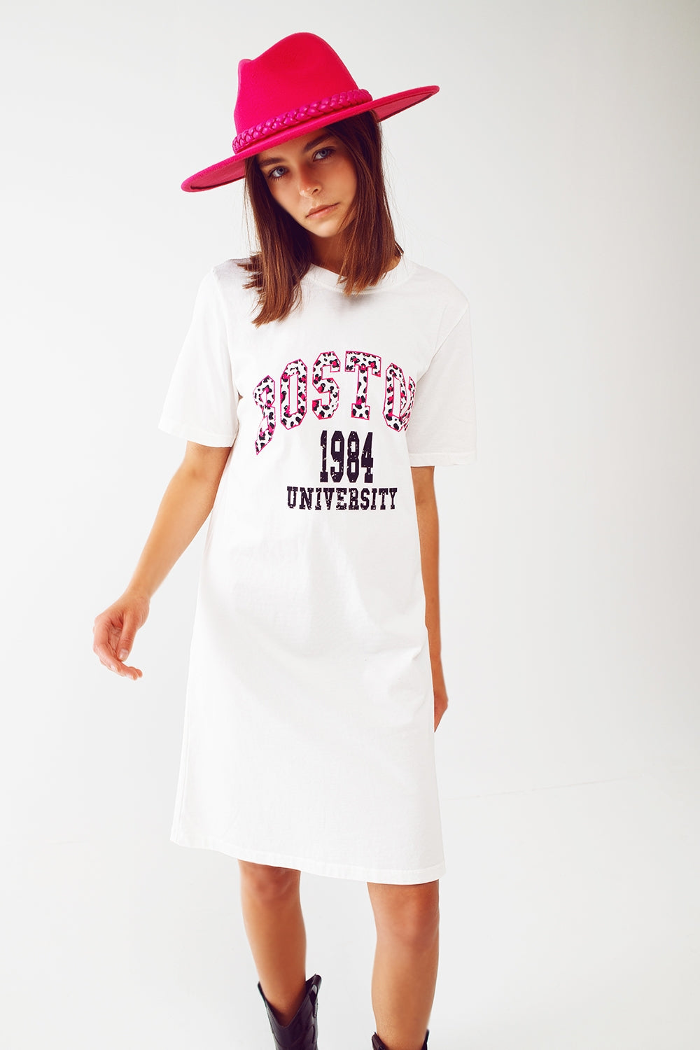 Vestido midi blanco estilo camiseta boston 1984 university Q2