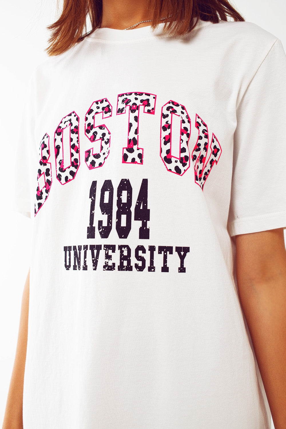 Vestido midi blanco estilo camiseta boston 1984 university Q2