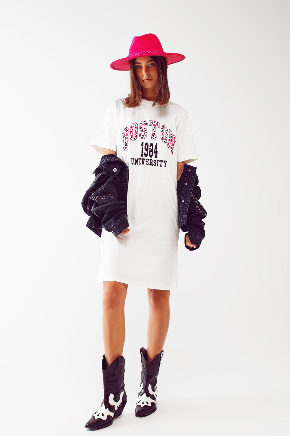 Vestido midi blanco estilo camiseta boston 1984 university Q2