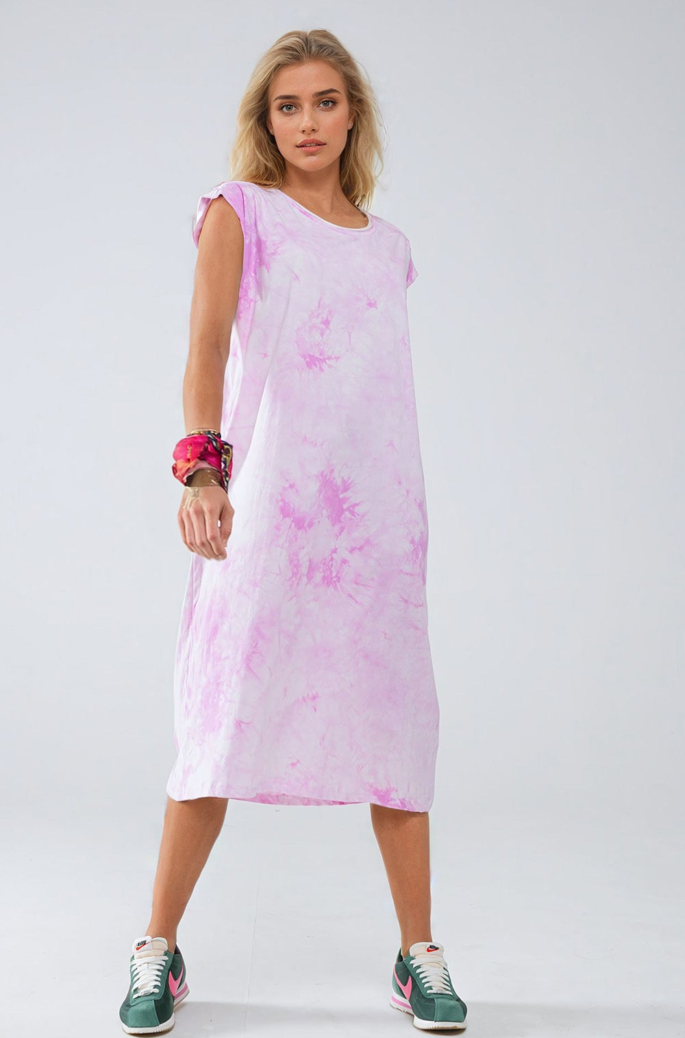 Vestido Midi Camisa Teñido Anudado en Rosa Q2