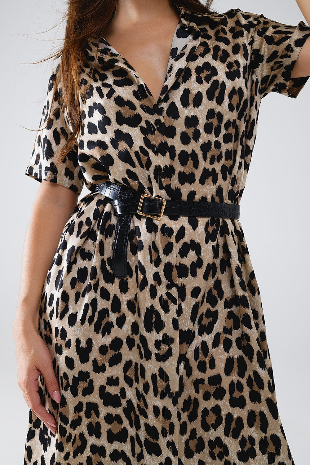 Vestido Midi Camisero De Manga Corta Con Cinturón En Estampado De Leopardo Q2