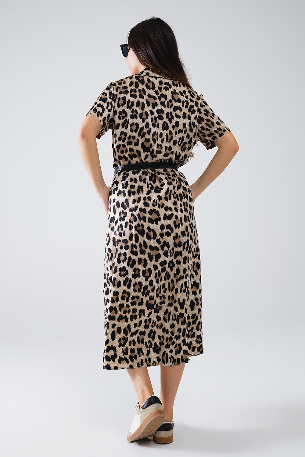 Vestido Midi Camisero De Manga Corta Con Cinturón En Estampado De Leopardo Q2
