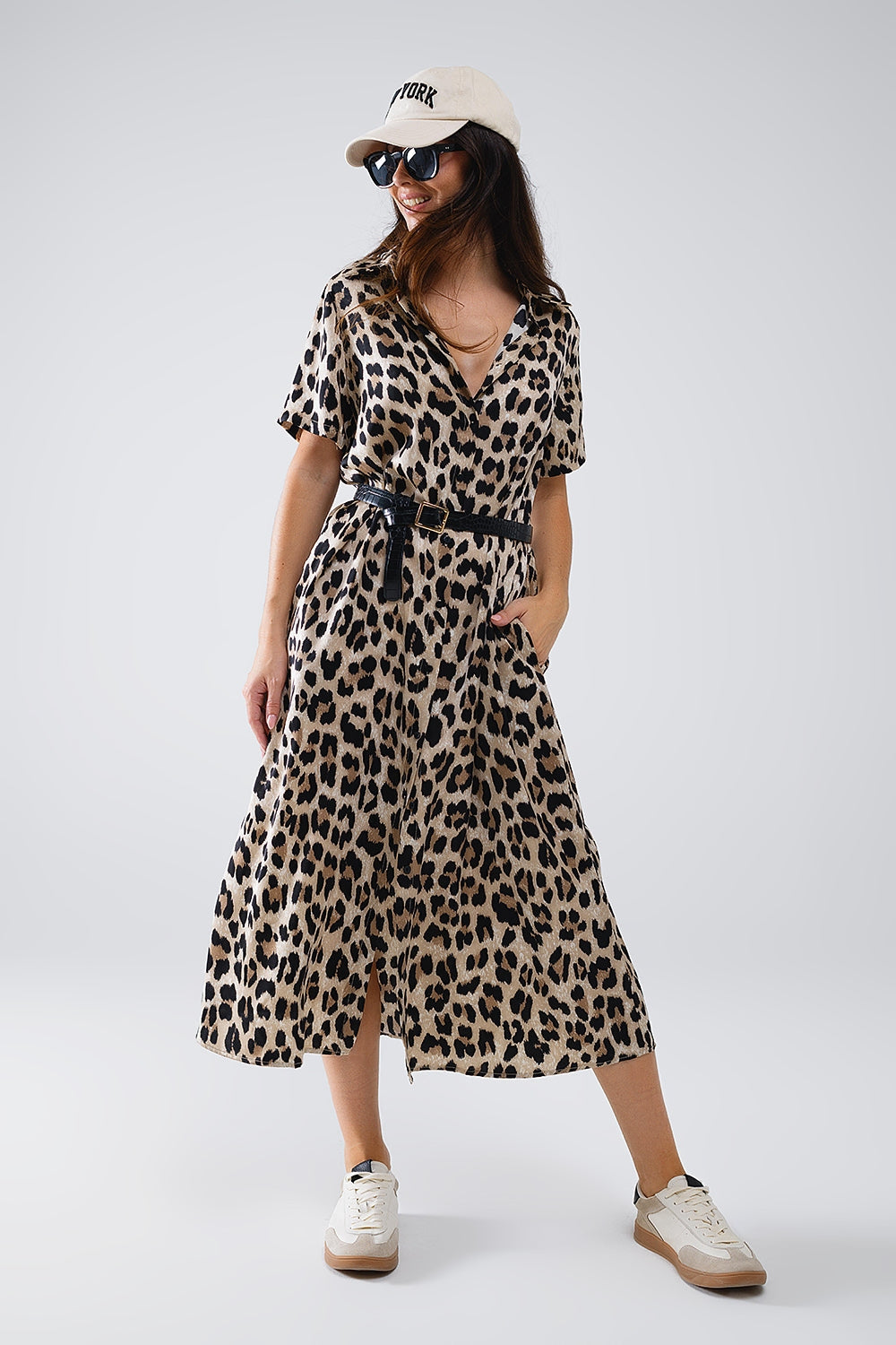 Vestido Midi Camisero De Manga Corta Con Cinturón En Estampado De Leopardo Q2