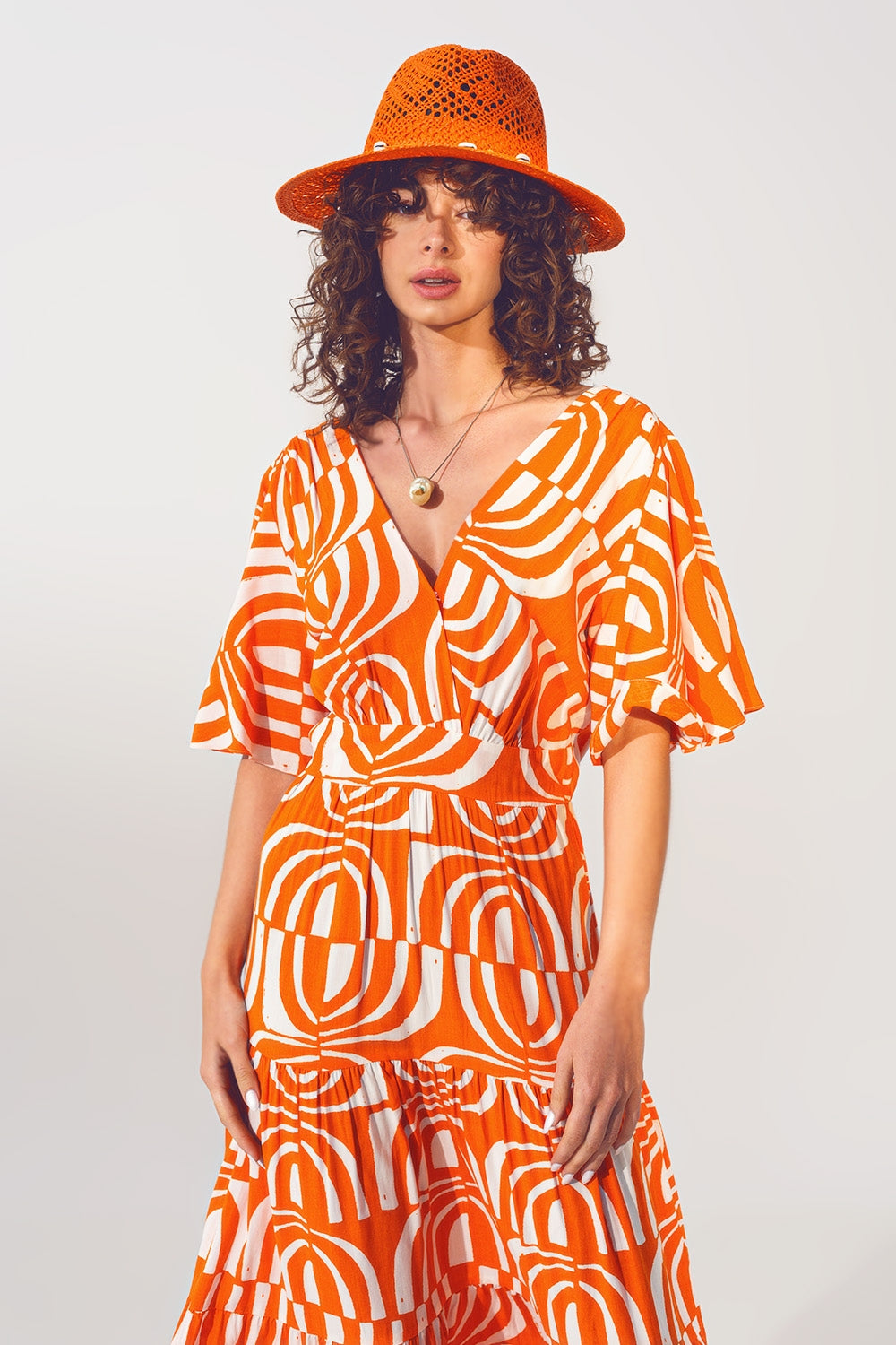 Vestido Midi Cuello V Estampado Naranja Q2