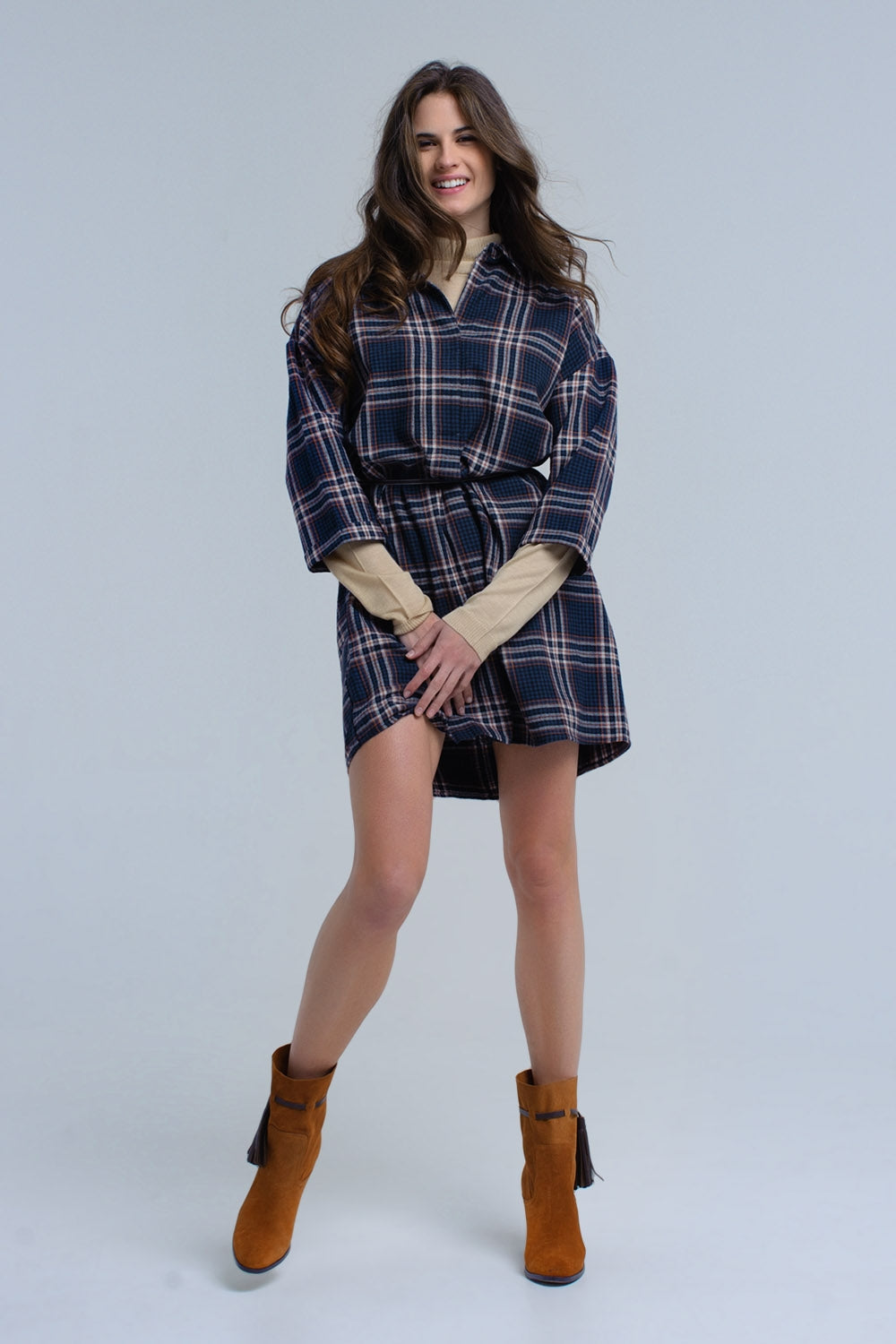 Vestido midi de cuadros azul marino Q2