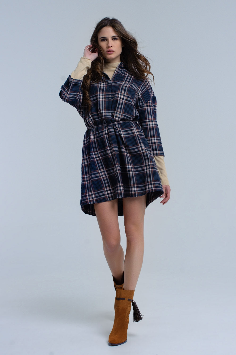 Vestido midi de cuadros azul marino Q2
