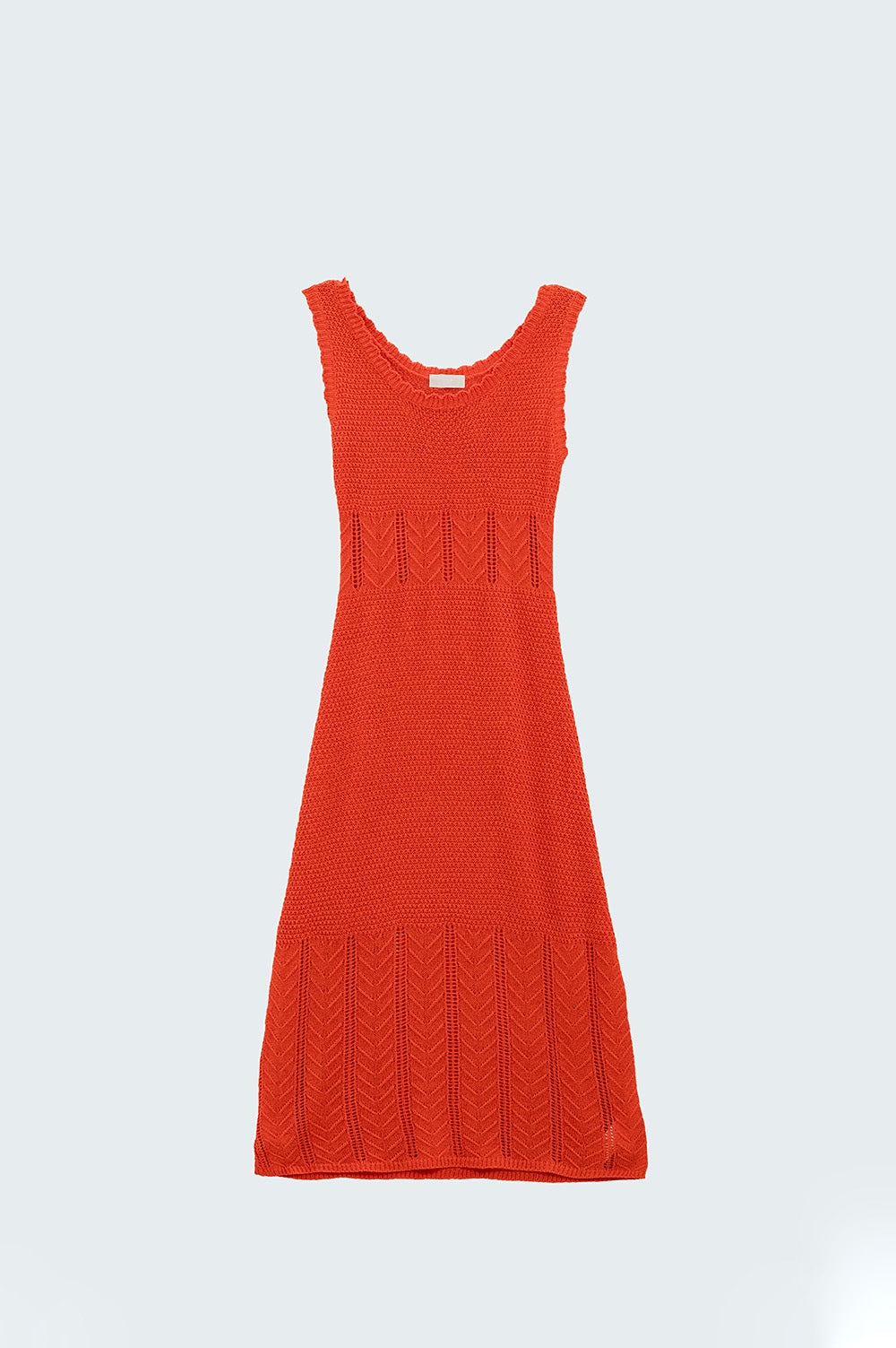 Vestido midi de punto naranja sin mangas y cuello redondo Q2
