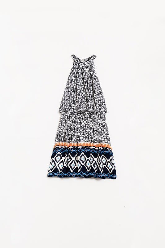 Q2 Vestido Midi Halter A Capas En Blanco y Negro