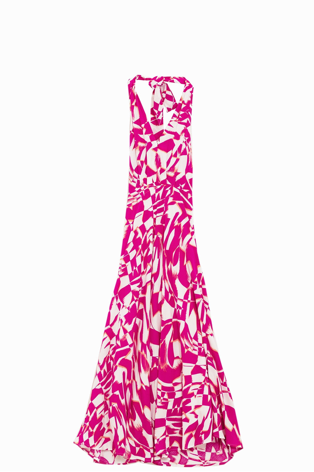 Vestido midi halter con cintura ceñida en estampado abstracto fuchsia y blanco Q2