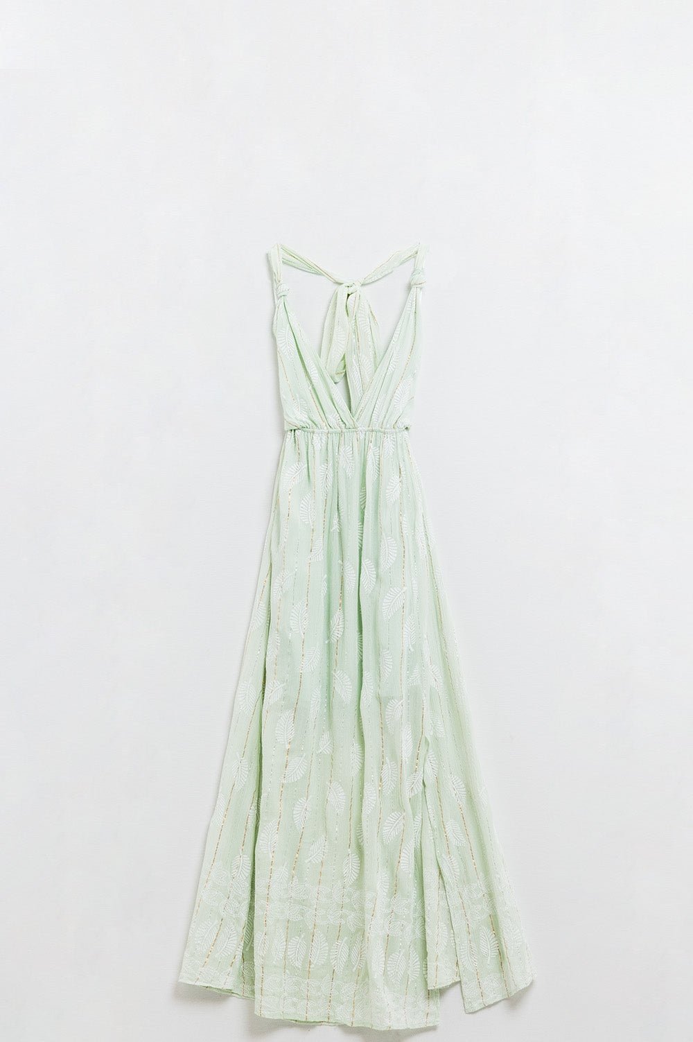 Vestido Midi Halter con estampado de hojas color menta y detalles de lúrex Q2