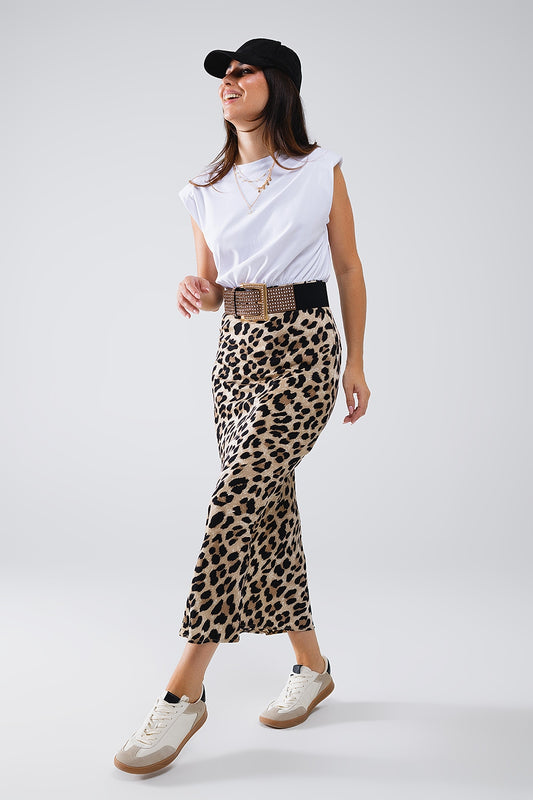 Q2 Vestido midi satinado en contraste con estampado de leopardo