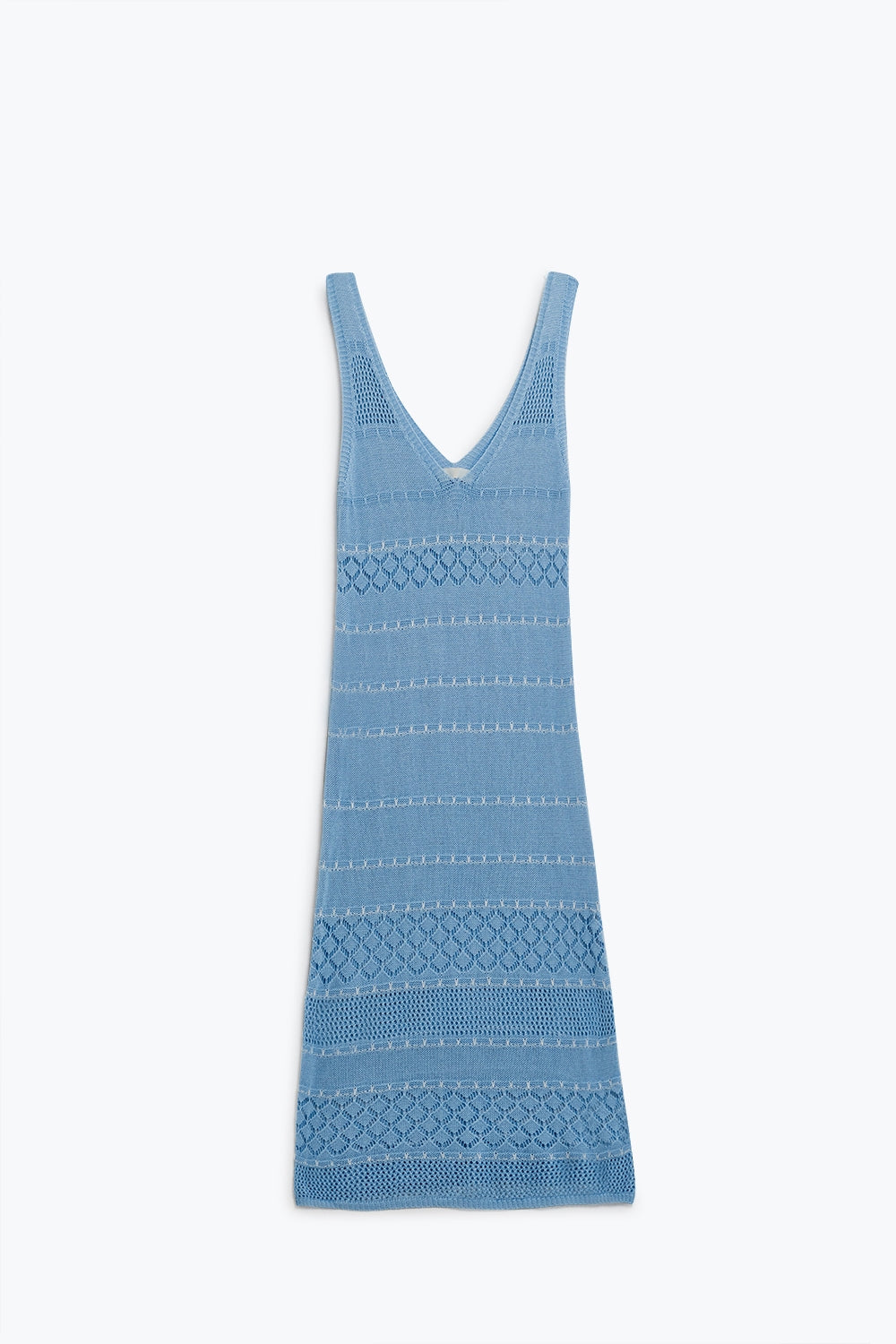 Vestido midi sin mangas azul bebé con escote en pico y diseño de ganchillo Q2