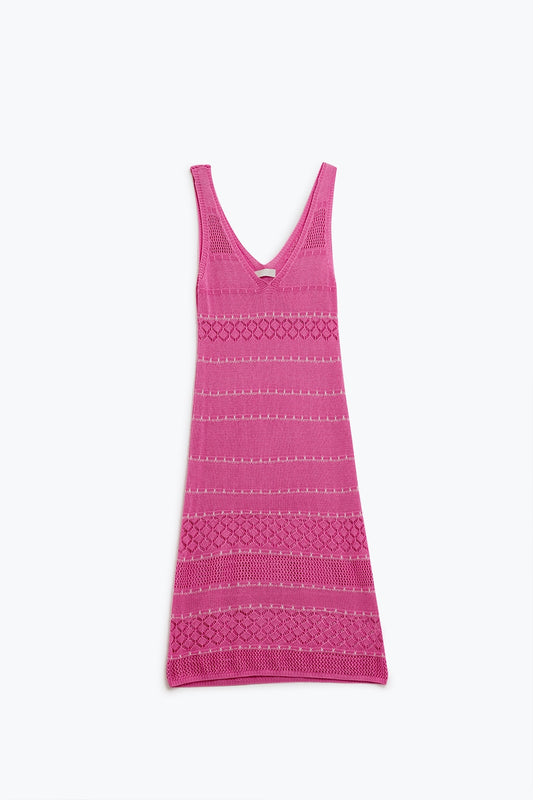 Q2 Vestido midi sin mangas fucsia con escote en pico y diseño de ganchillo