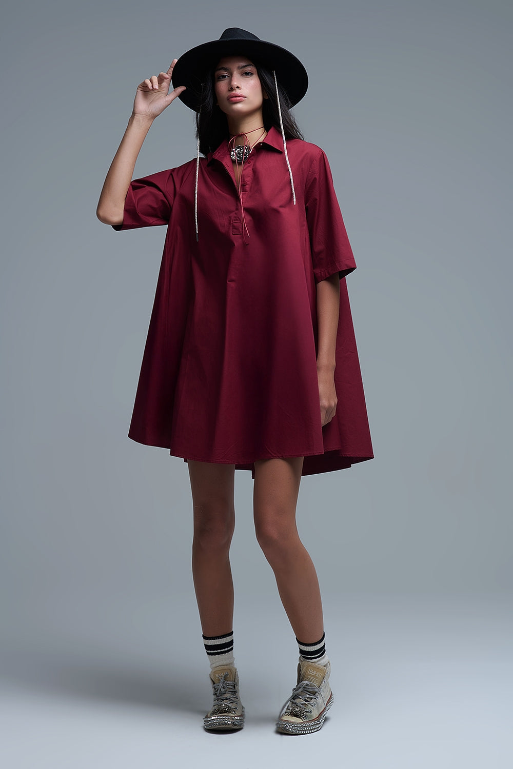 Vestido oversize de popelina de manga 3/4 burdeos Q2