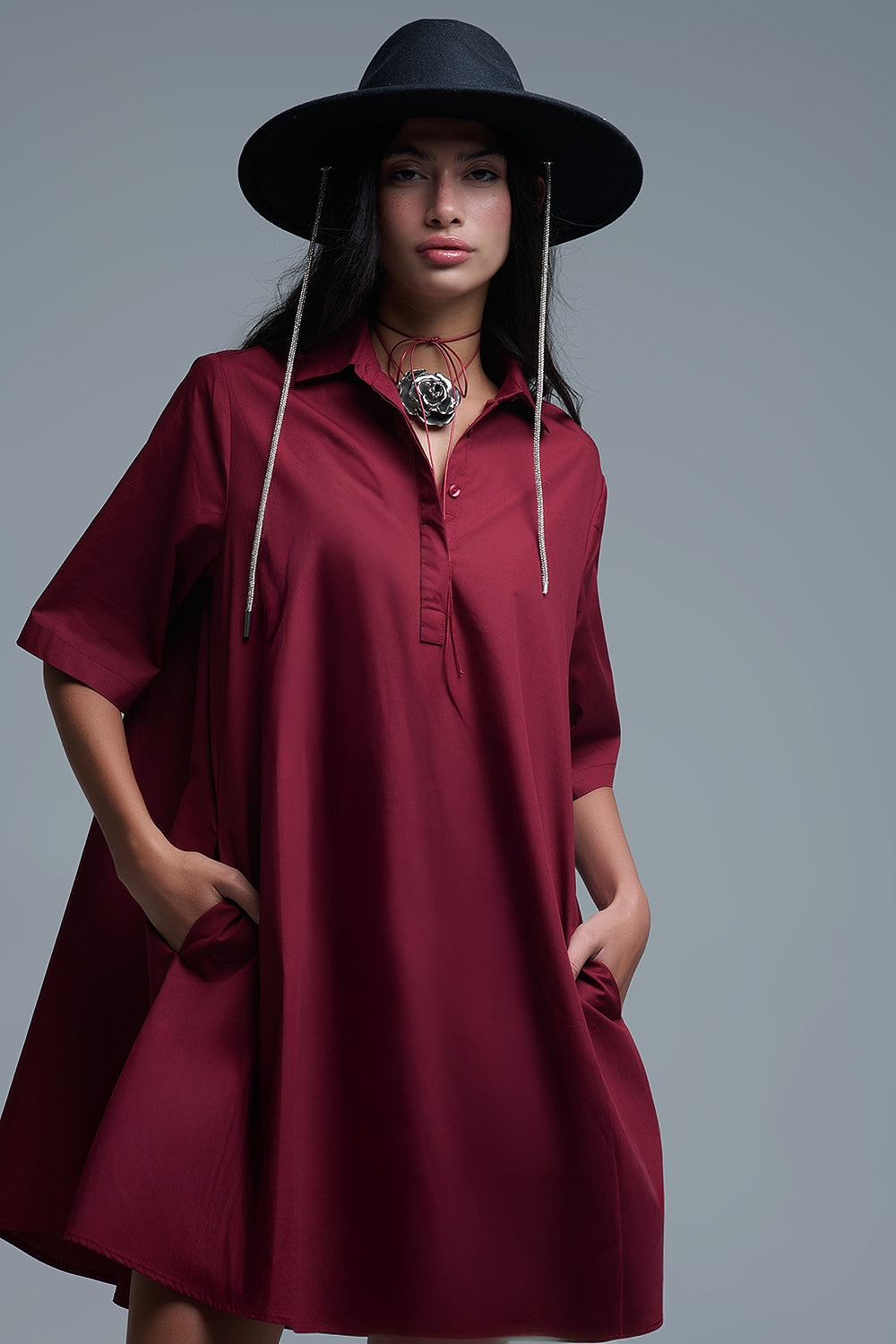 Vestido oversize de popelina de manga 3/4 burdeos Q2