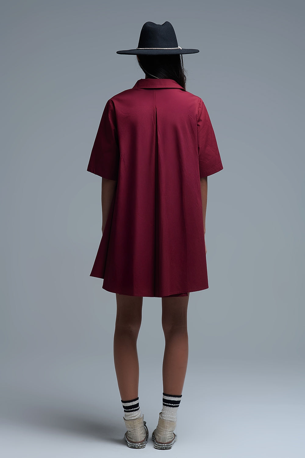 Vestido oversize de popelina de manga 3/4 burdeos Q2