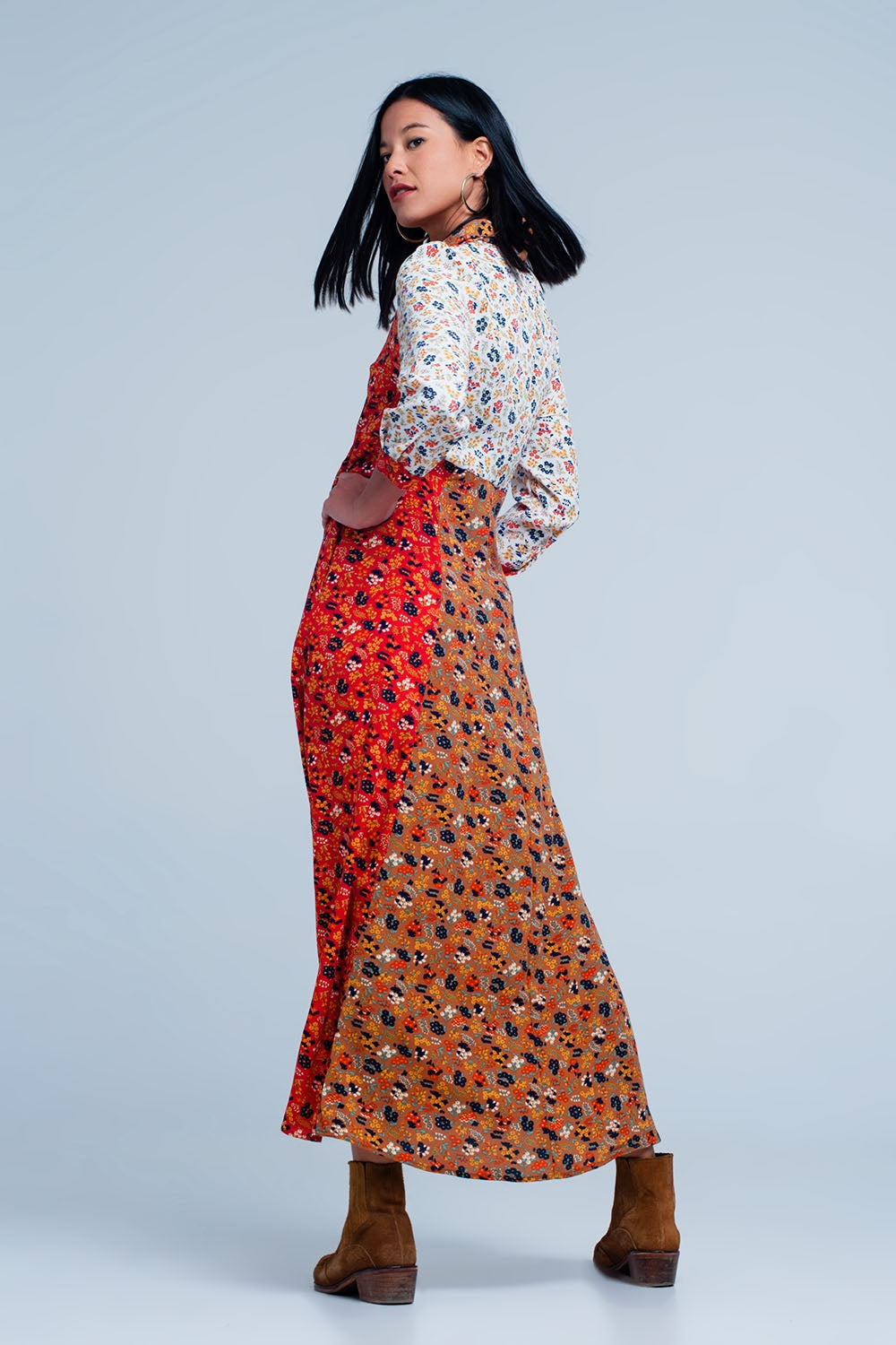 Vestido Rojo camisero de manga larga con flores de jardín Q2