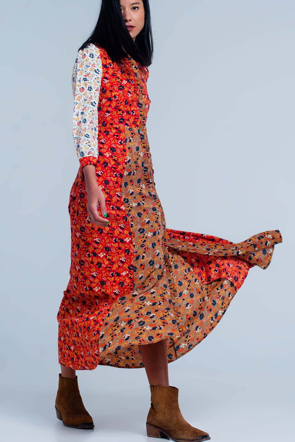 Vestido Rojo camisero de manga larga con flores de jardín Q2