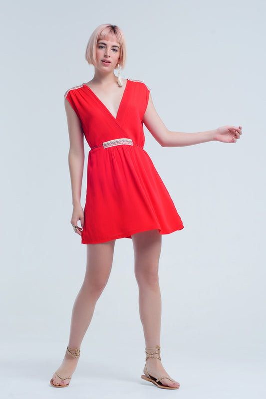 Q2 Vestido rojo mini con detalles bordados