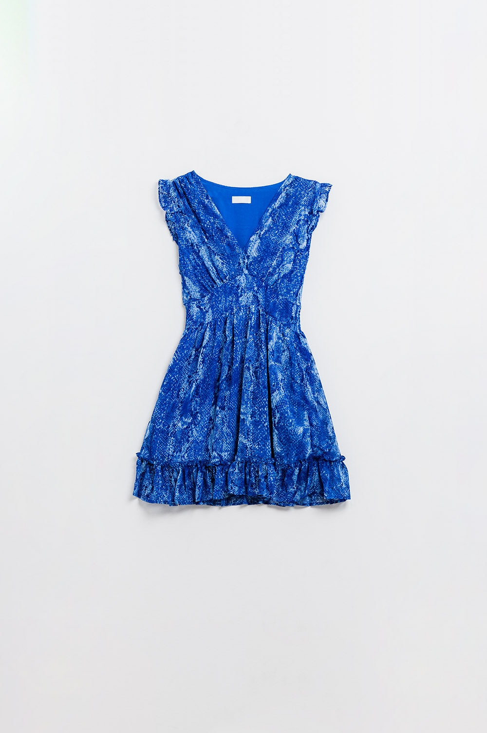 Vestido skater con cintura ceñida en estampado azul serpiente con hilo de lúrex dorado Q2