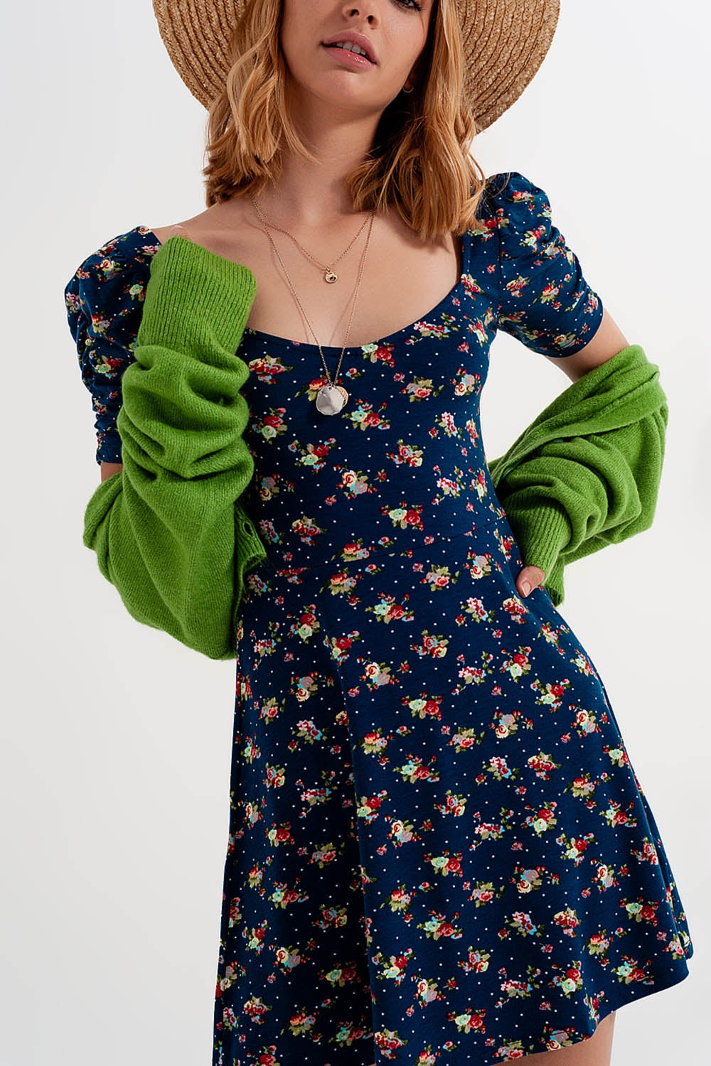 Vestido skater con manga abullonada y estampado floral azul marino Q2