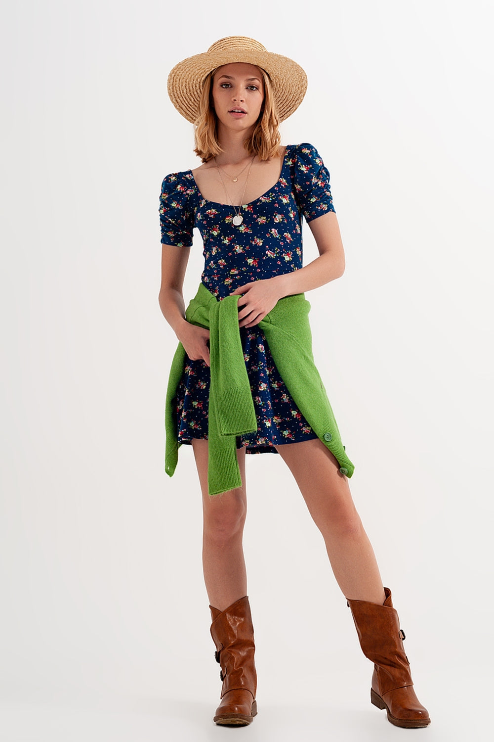 Vestido skater con manga abullonada y estampado floral azul marino Q2