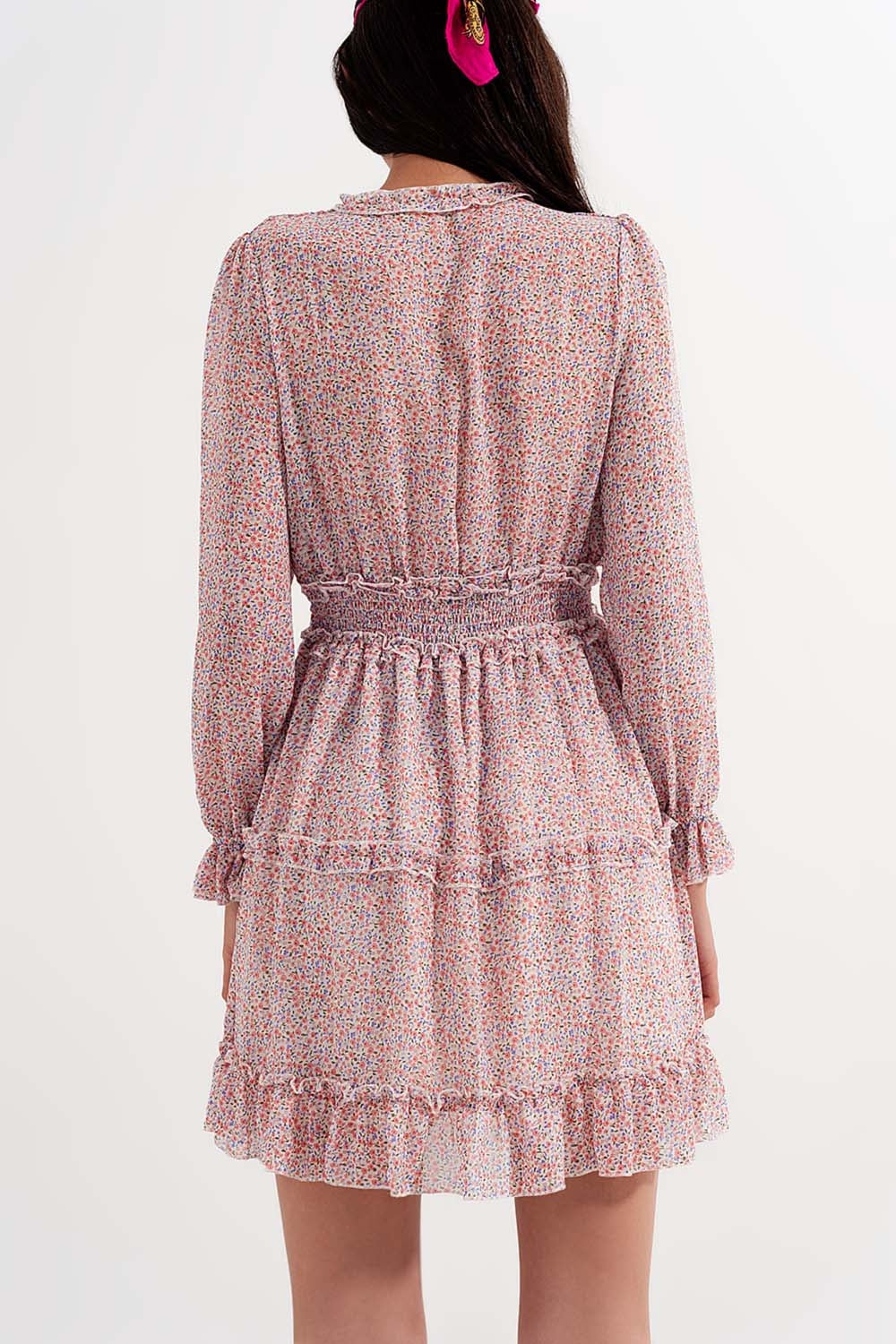 Vestido skater corto rosa cintura fruncida de manga larga y estampado floral Q2