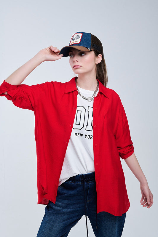 Ajuste relajado Camisa roja Mangas 3/4 y bajo alto Q2