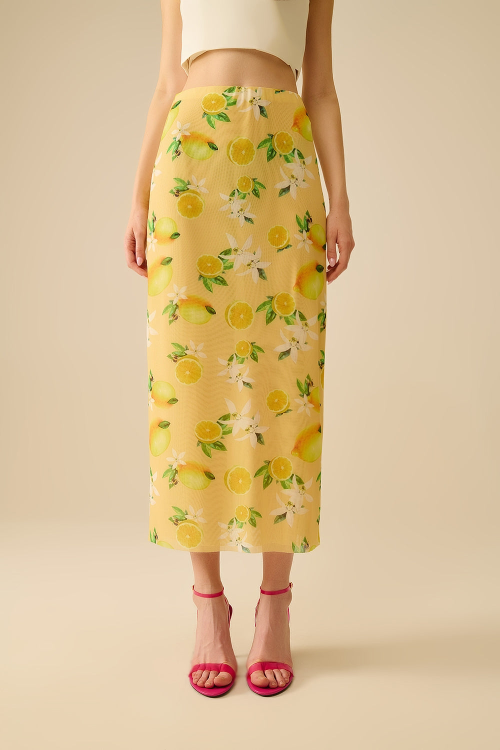 Q2 Amarillo Falda midi ajustada con estampado de limón en tejido de malla