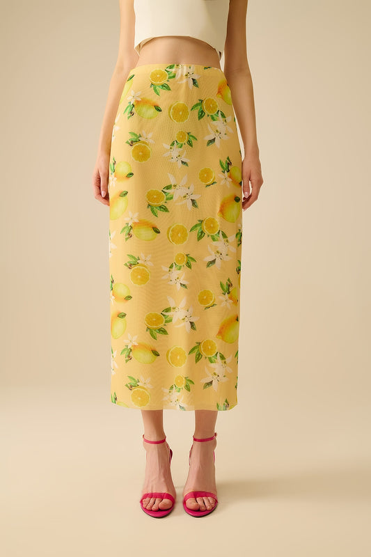 Q2 Amarillo Falda midi ajustada con estampado de limón en tejido de malla