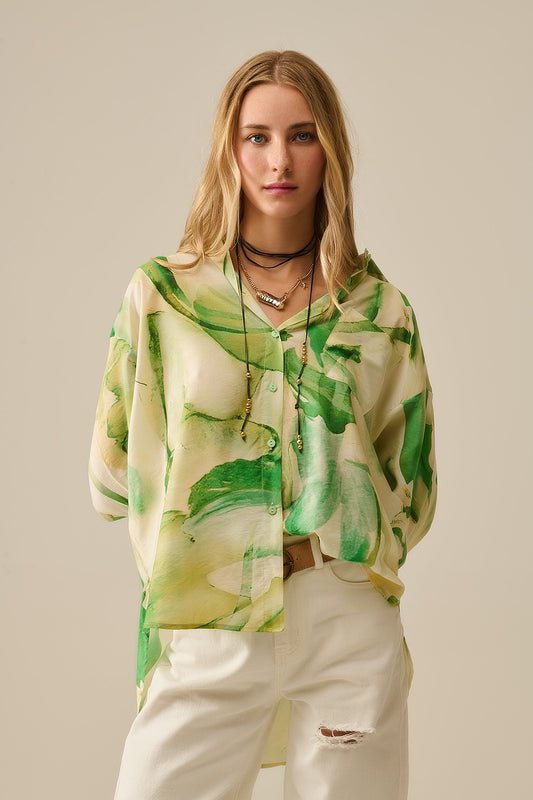 Q2 Blusa abotonada con estampado de acuarela en verde