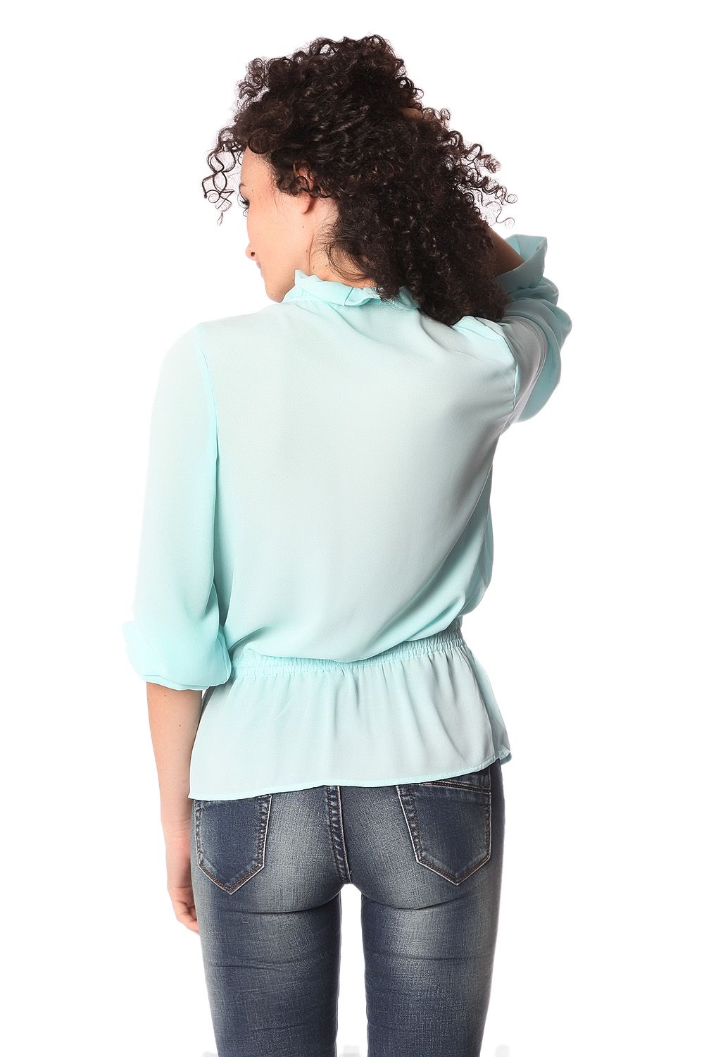 Blusa con cuello con volantes y lazada fina turquesa Q2