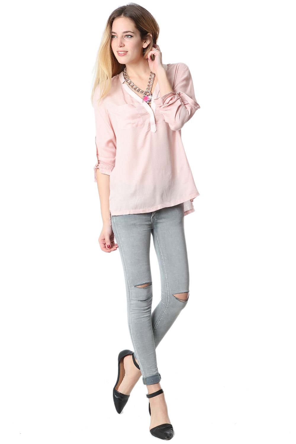 Blusa con escote de pico pronunciado y manga larga rosa Q2