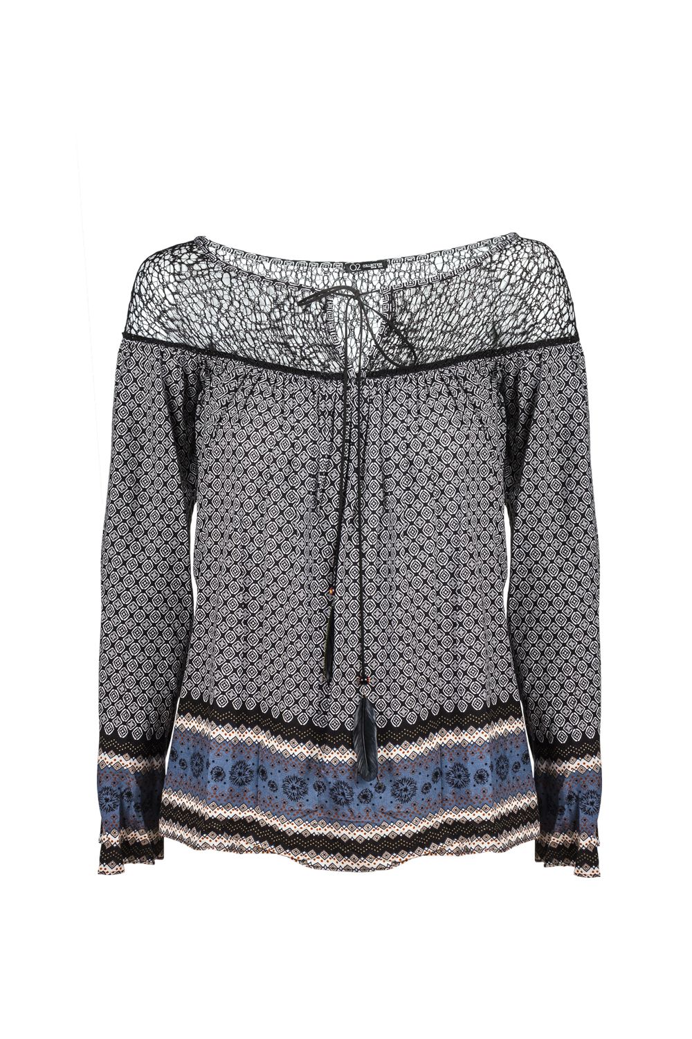 Blusa con estampado de cachemir y detalle de rejilla gris Q2