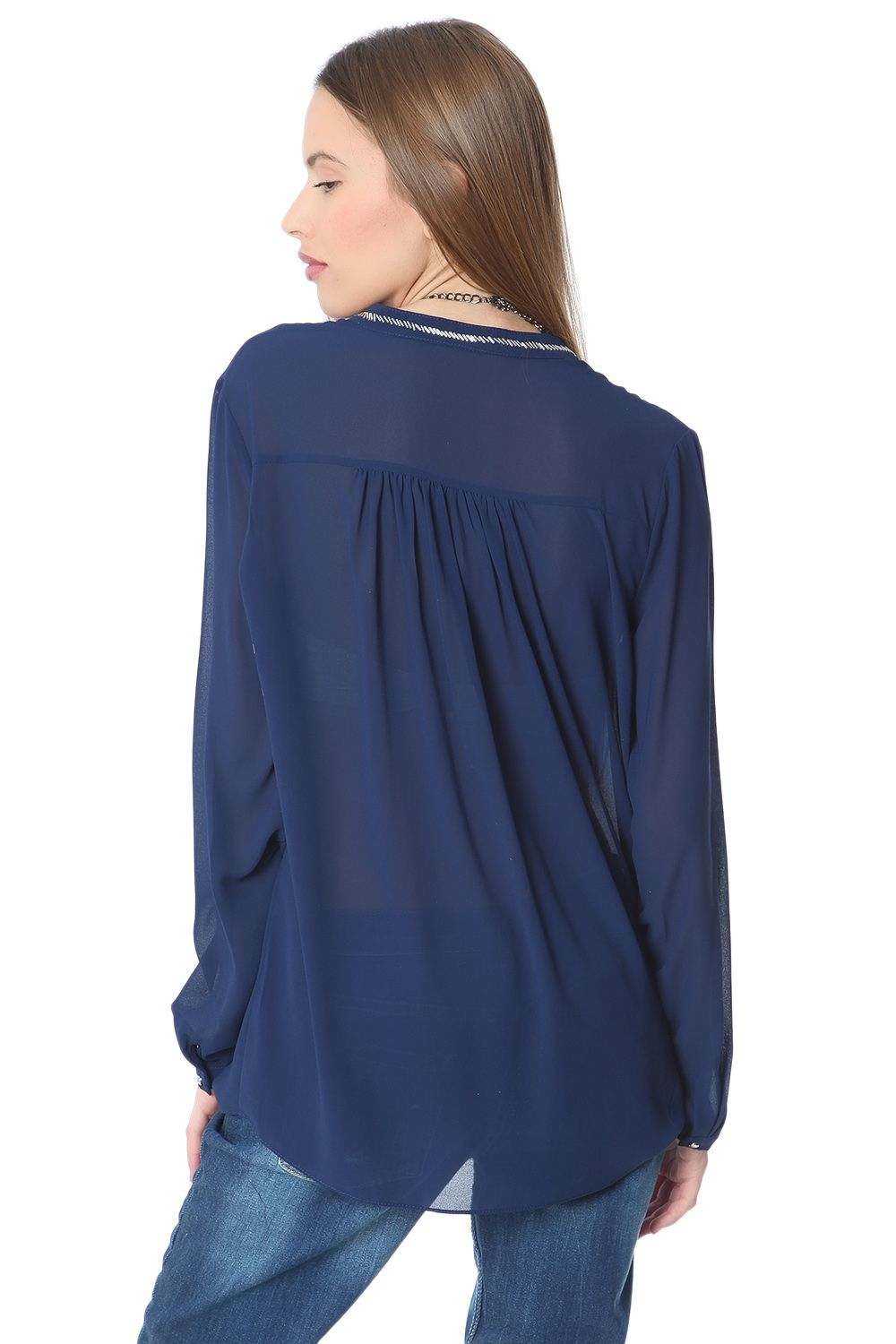 Blusa de chifón azul marino con adorno de cuentas plateadas Q2
