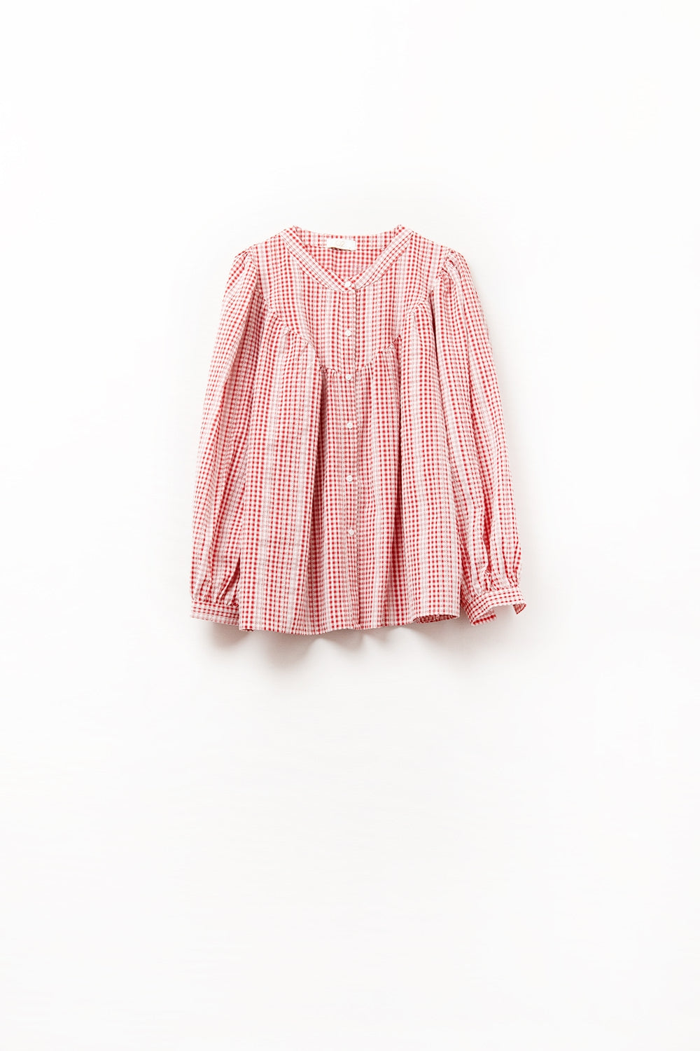 Blusa de cuadros rojos y blancos sin cuello y mangas anchas Q2