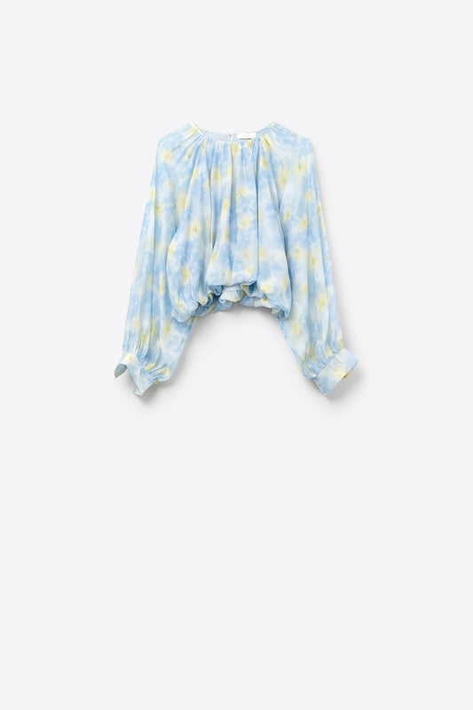 Q2 Blusa de gasa estampada azul con mangas abullonadas