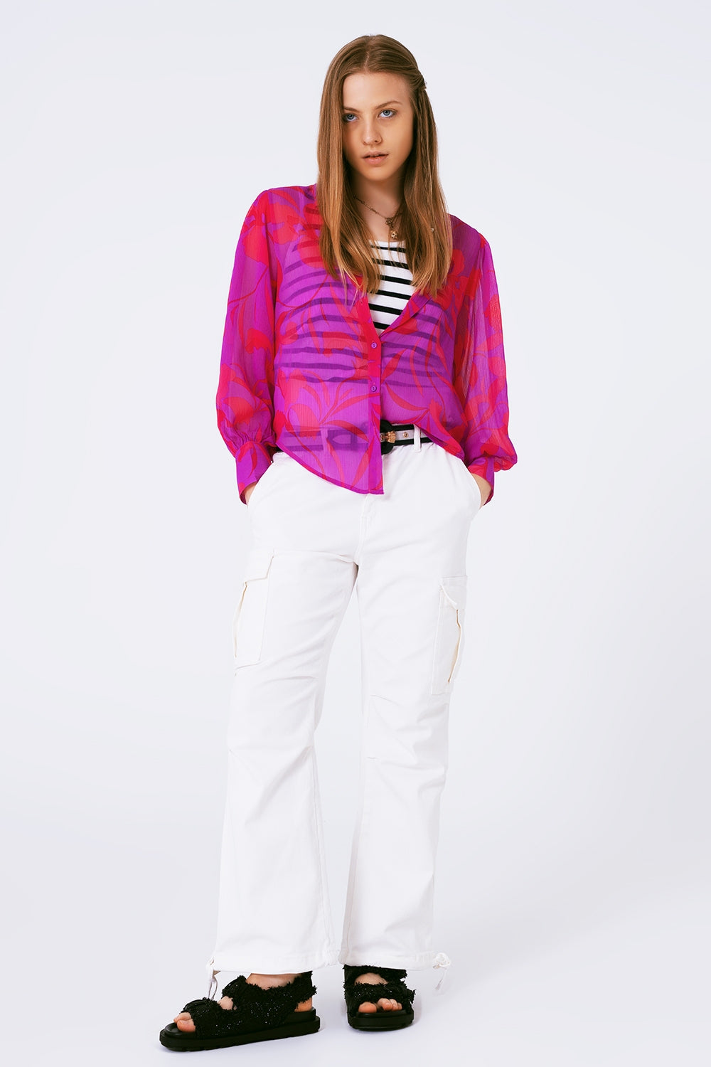 Blusa de gasa estampada flores en fuschia Q2