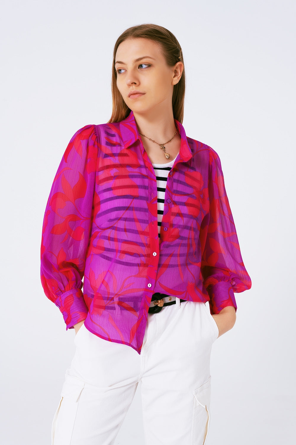 Blusa de gasa estampada flores en fuschia Q2