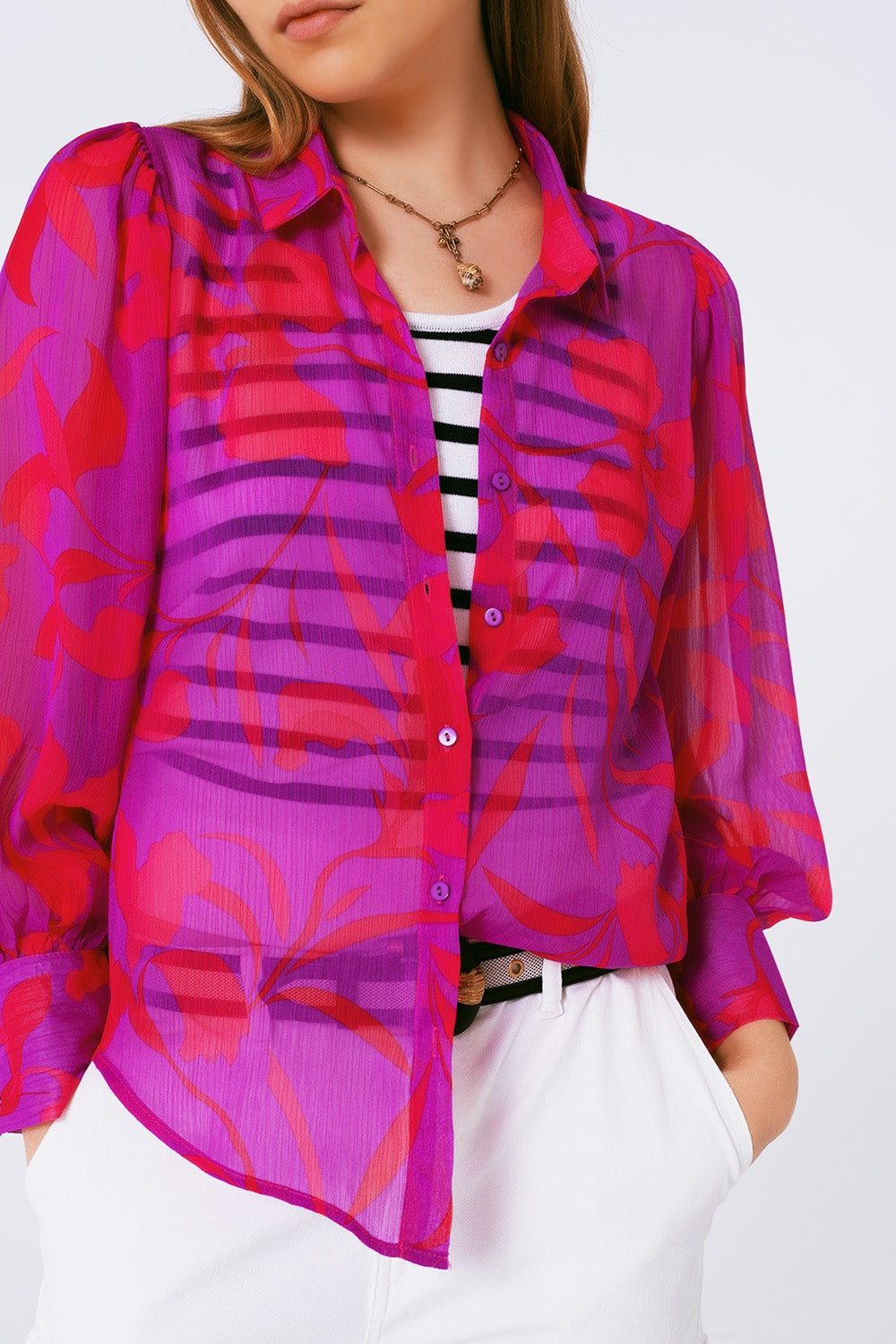 Blusa de gasa estampada flores en fuschia Q2