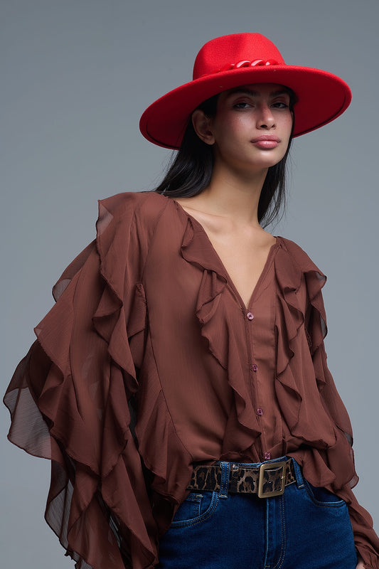 Q2 Blusa de gasa marrón con cuello en V y volante integral