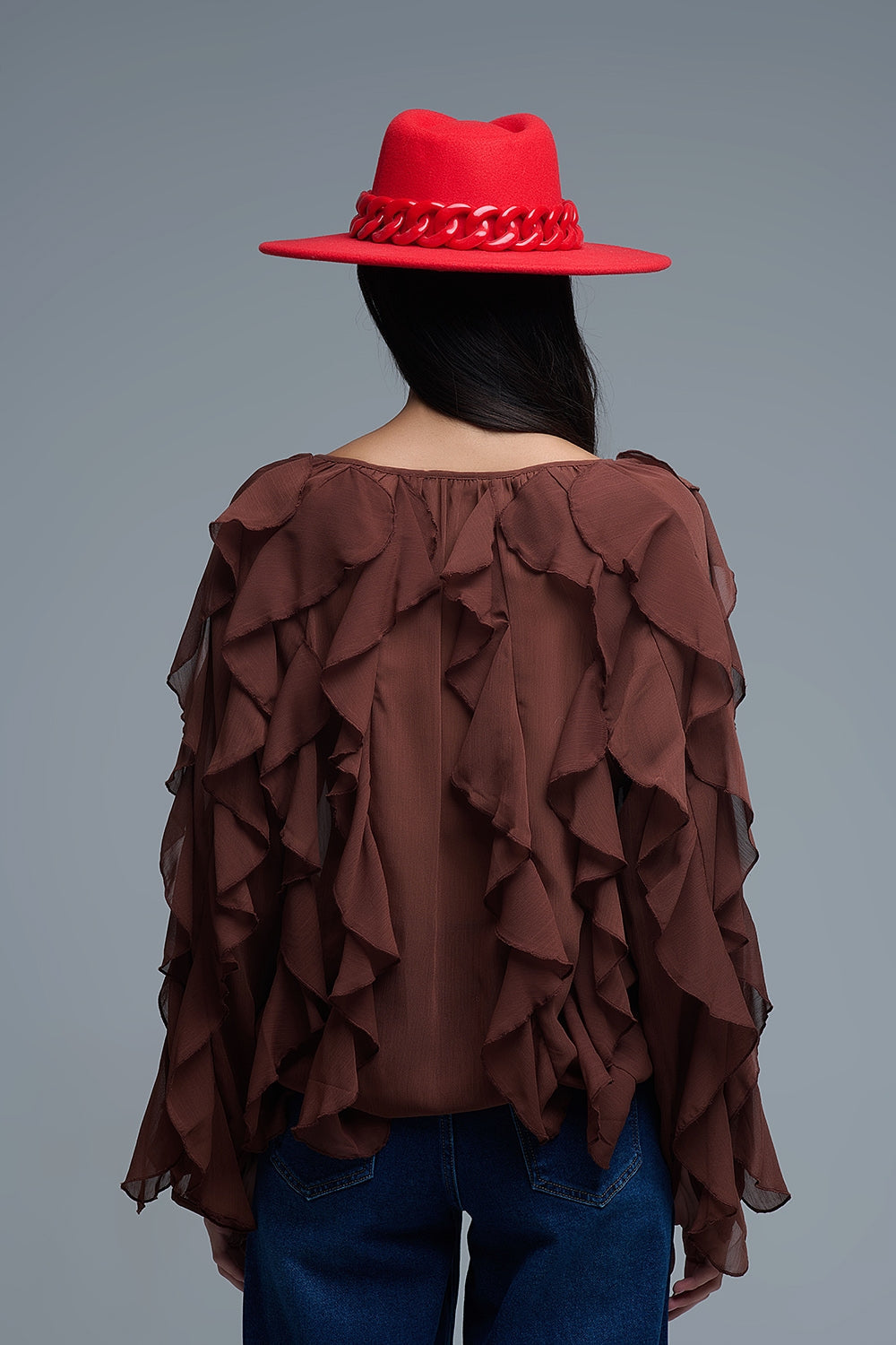 Blusa de gasa marrón con cuello en V y volante integral Q2