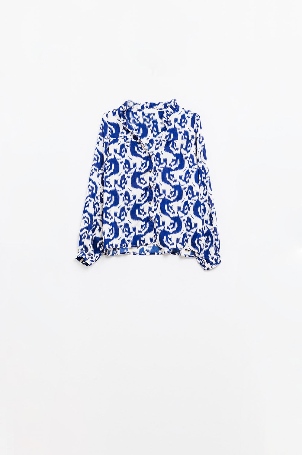 Blusa de manga globo con estampado abstracto en azul marino y blanco Q2